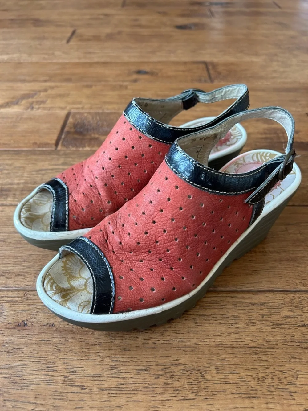 Fly London Yile Perforated Wedge Heel Sandals Red Black Size 36